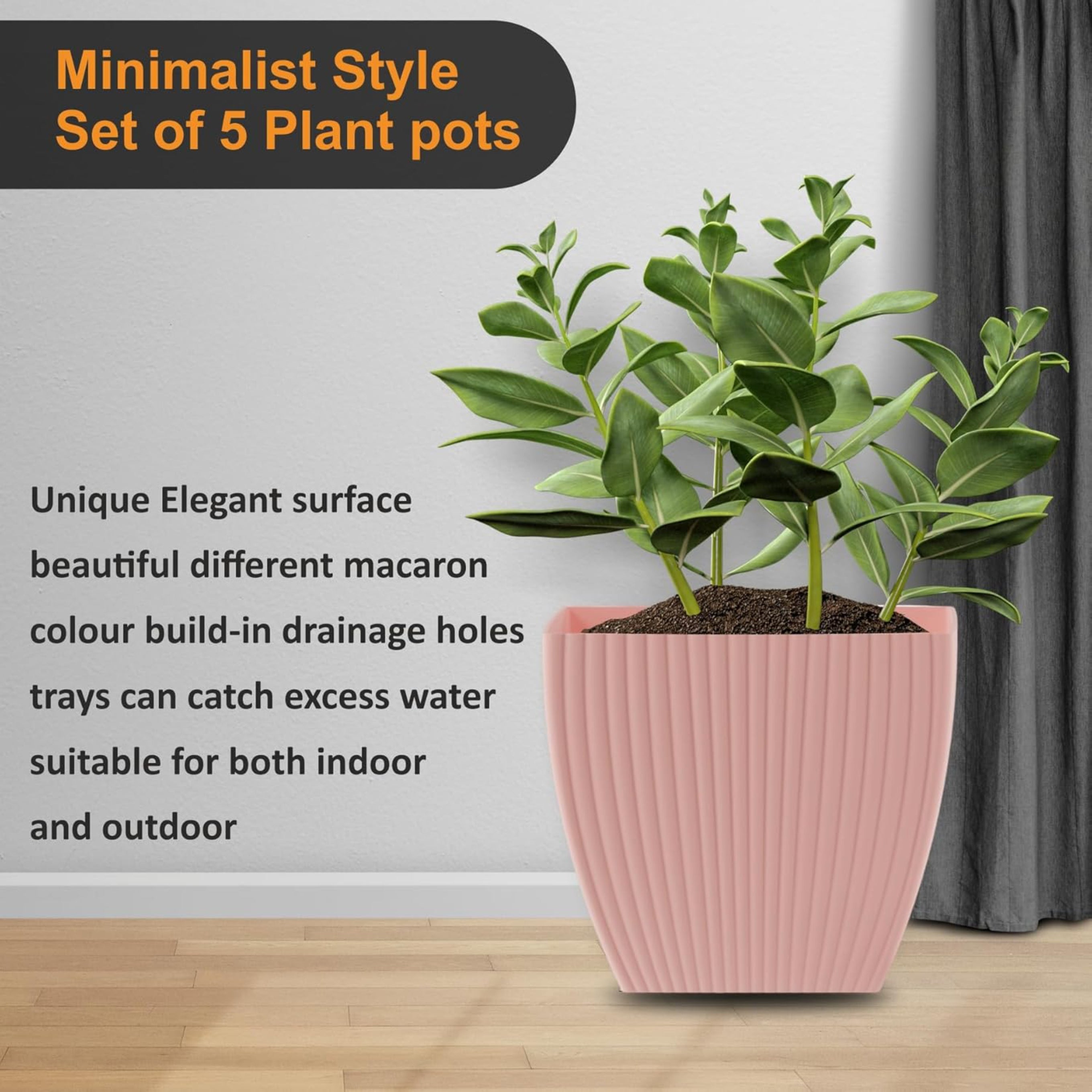 Set of 5 Plastic Round Flower Pots for Home Planters/Terrace, Garden/Suitable for Home Indoor & Outdoor/Gardening Pots for Plants/Plant pots for Balcony (Square, Baby Pink)