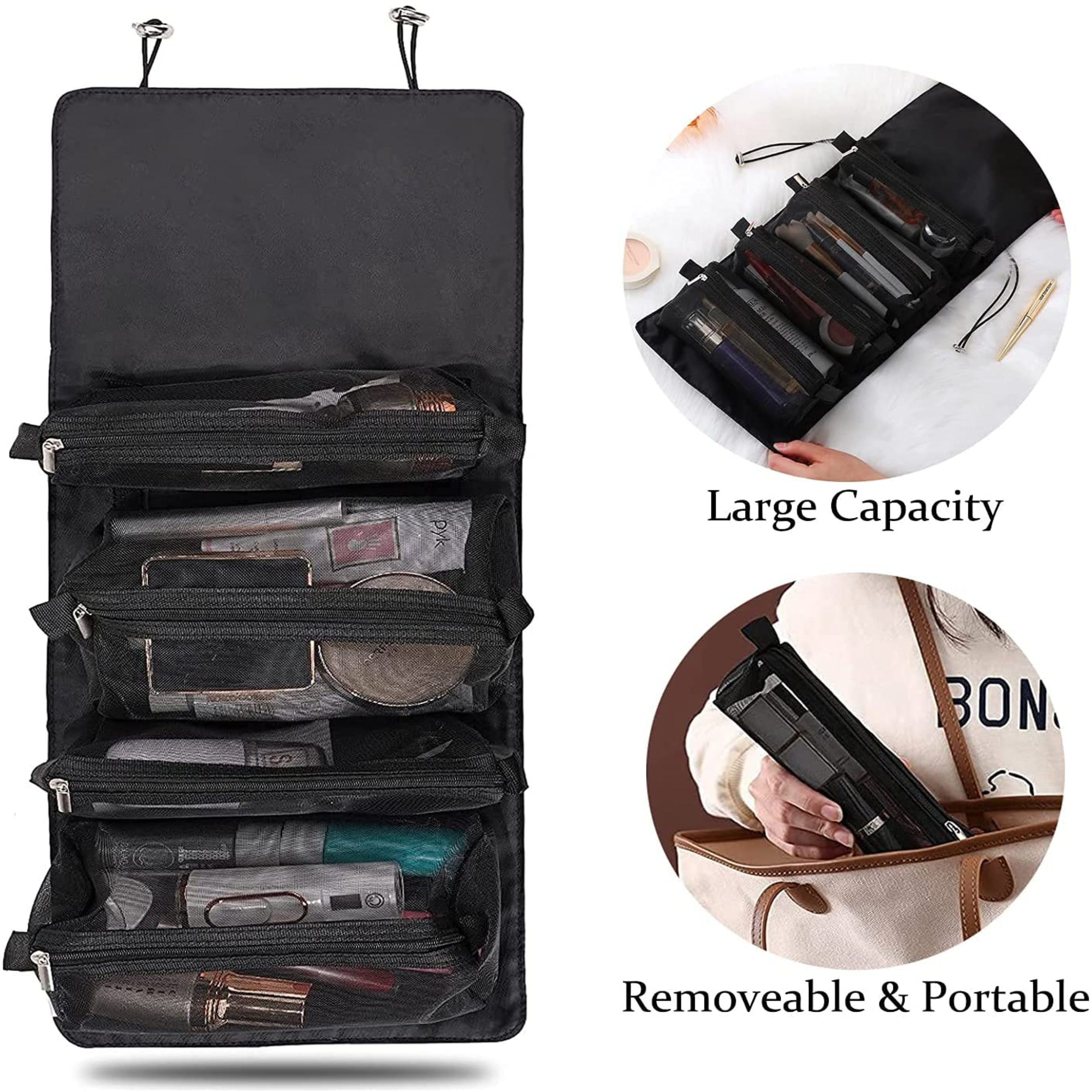 4 in 1 Large Cosmetic Mesh Bag/Toiletry Pouch for Men and Women/Makeup Organizer/Portable Travel Bag/Makeup Essentials(Black)