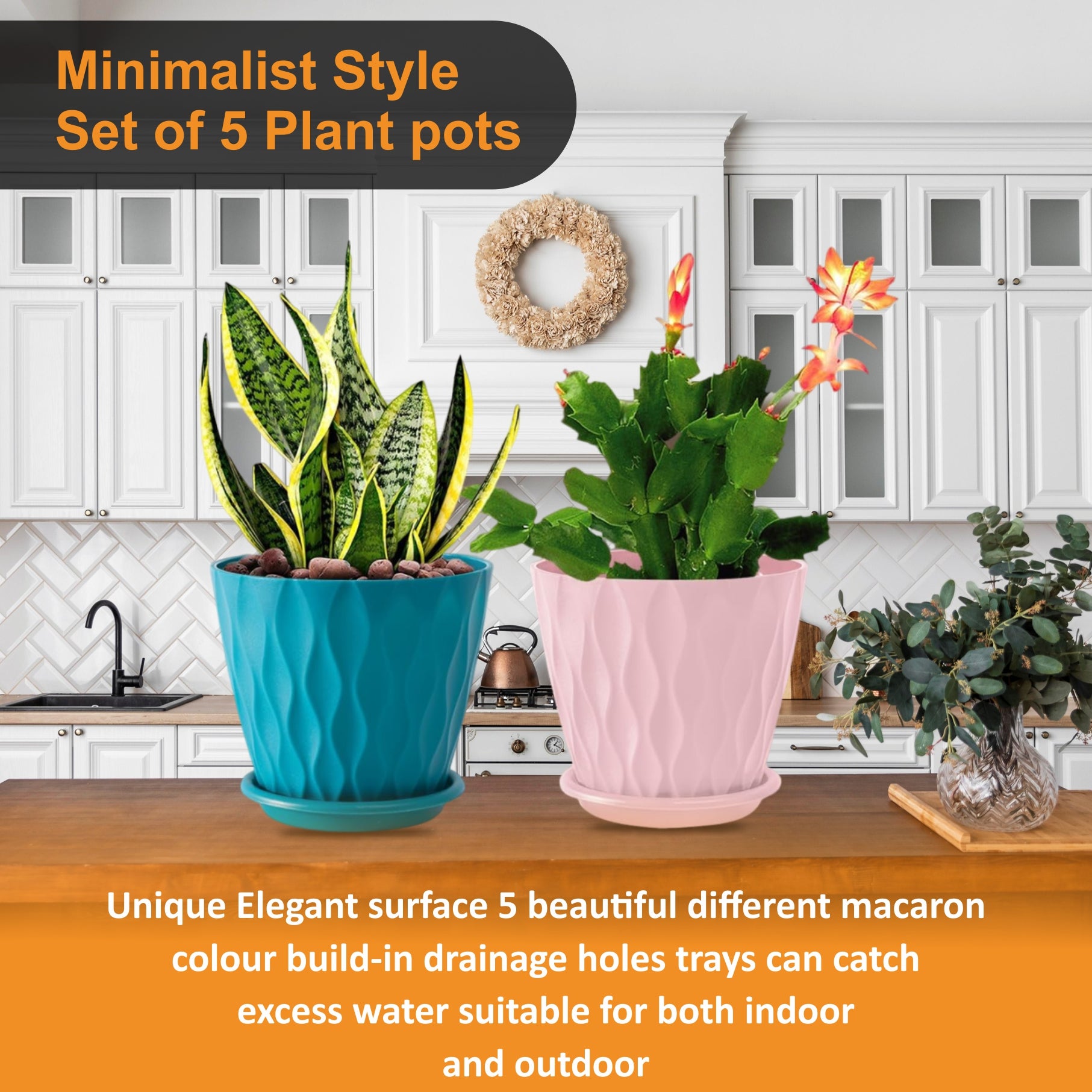 Set of 5 Plastic Round Flower Pots for Home Planters/Terrace, Garden/Suitable for Home Indoor & Outdoor/Gardening Pots for Plants/Plant pots for Balcony (Wave, Baby Pink)