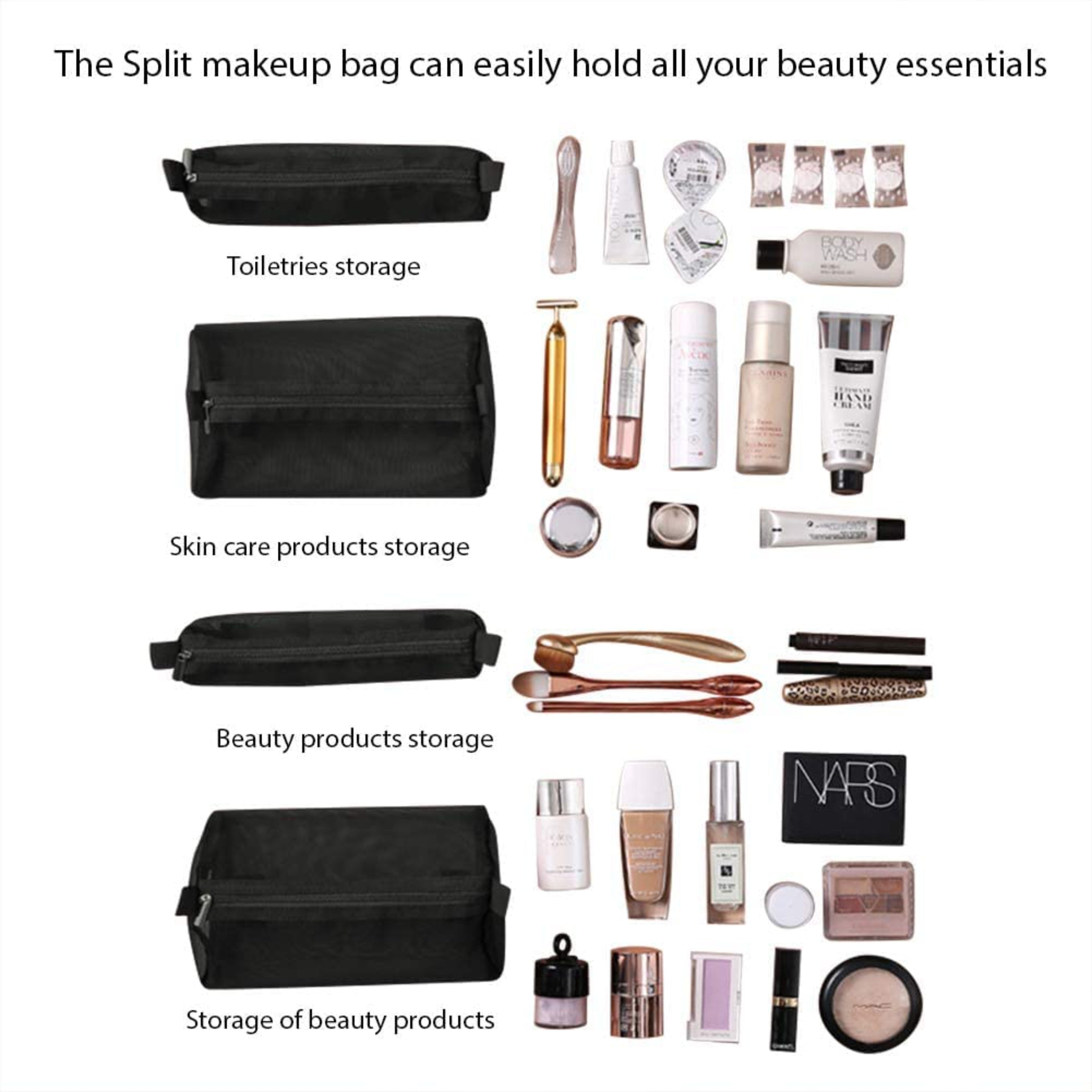 4 in 1 Large Cosmetic Mesh Bag/Toiletry Pouch for Men and Women/Makeup Organizer/Portable Travel Bag/Makeup Essentials(Black)