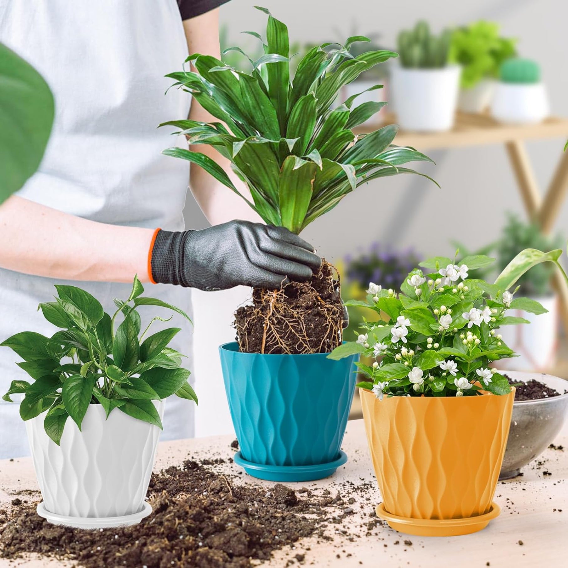 Set of 5 Plastic Round Flower Pots for Home Planters/Terrace, Garden/Suitable for Home Indoor & Outdoor/Gardening Pots for Plants/Plant pots for Balcony (Wave, Baby Pink)