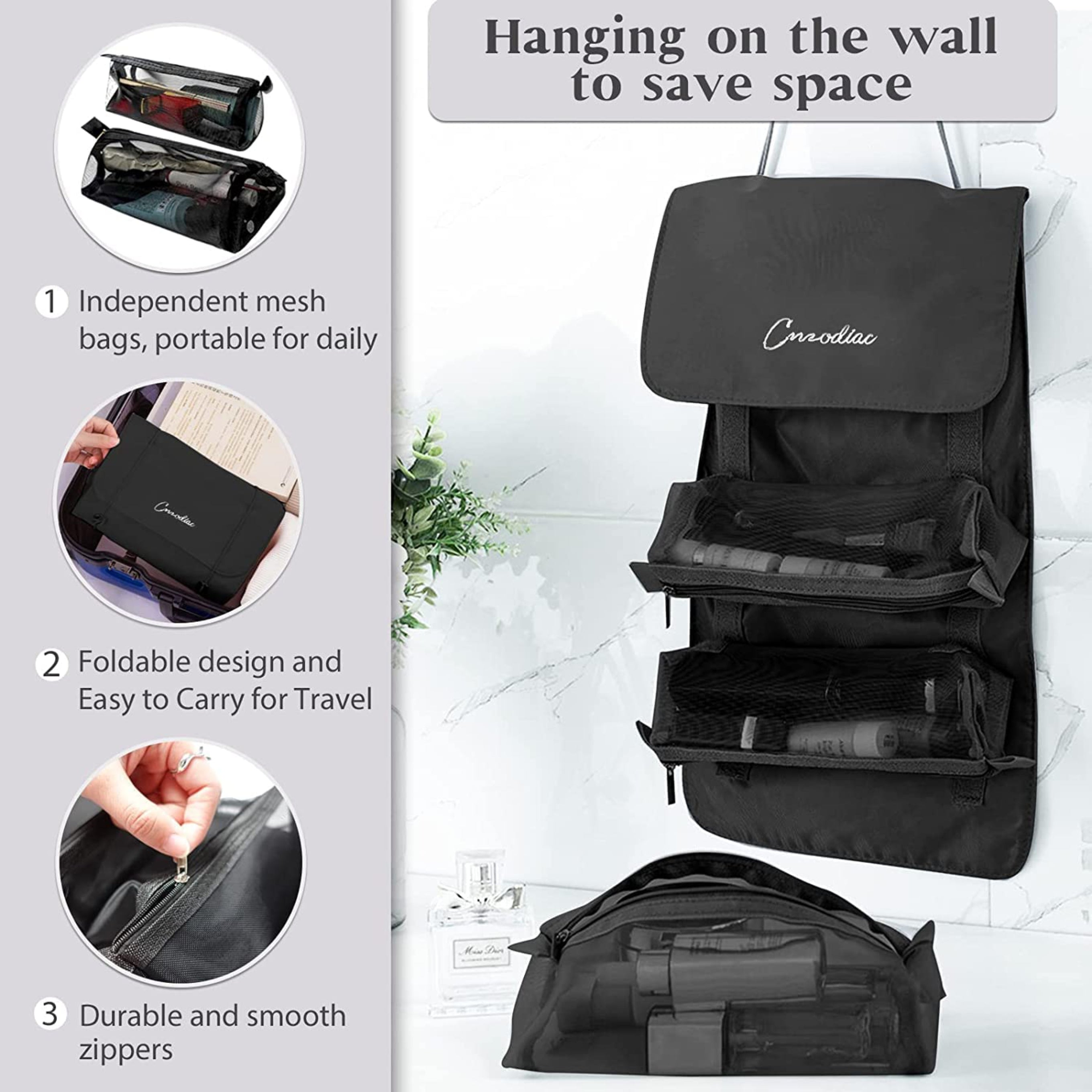 4 in 1 Large Cosmetic Mesh Bag/Toiletry Pouch for Men and Women/Makeup Organizer/Portable Travel Bag/Makeup Essentials(Black)