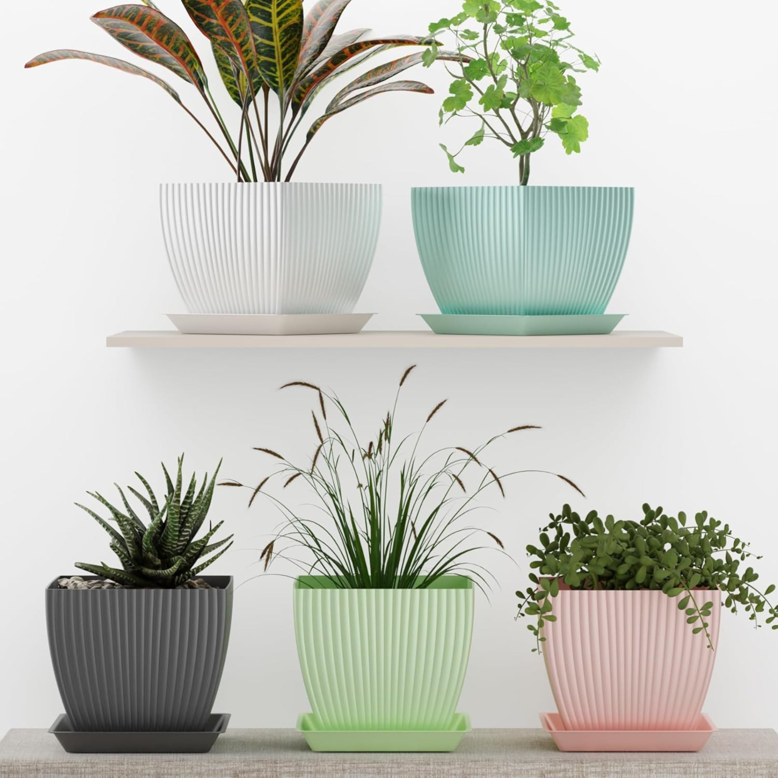 Set of 5 Plastic Round Flower Pots for Home Planters/Terrace, Garden/Suitable for Home Indoor & Outdoor/Gardening Pots for Plants/Plant pots for Balcony (Square, Baby Pink)