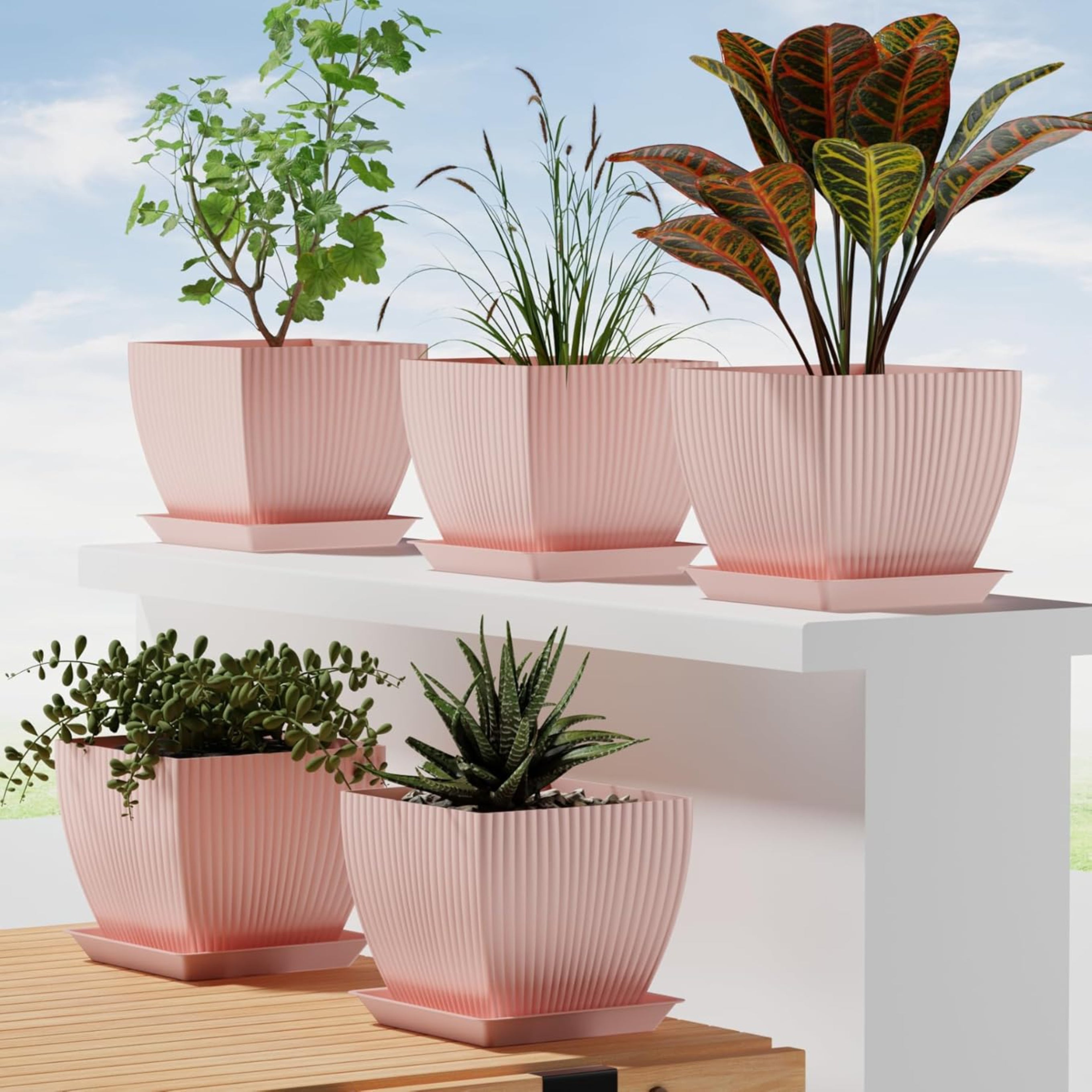 Set of 5 Plastic Round Flower Pots for Home Planters/Terrace, Garden/Suitable for Home Indoor & Outdoor/Gardening Pots for Plants/Plant pots for Balcony (Square, Baby Pink)