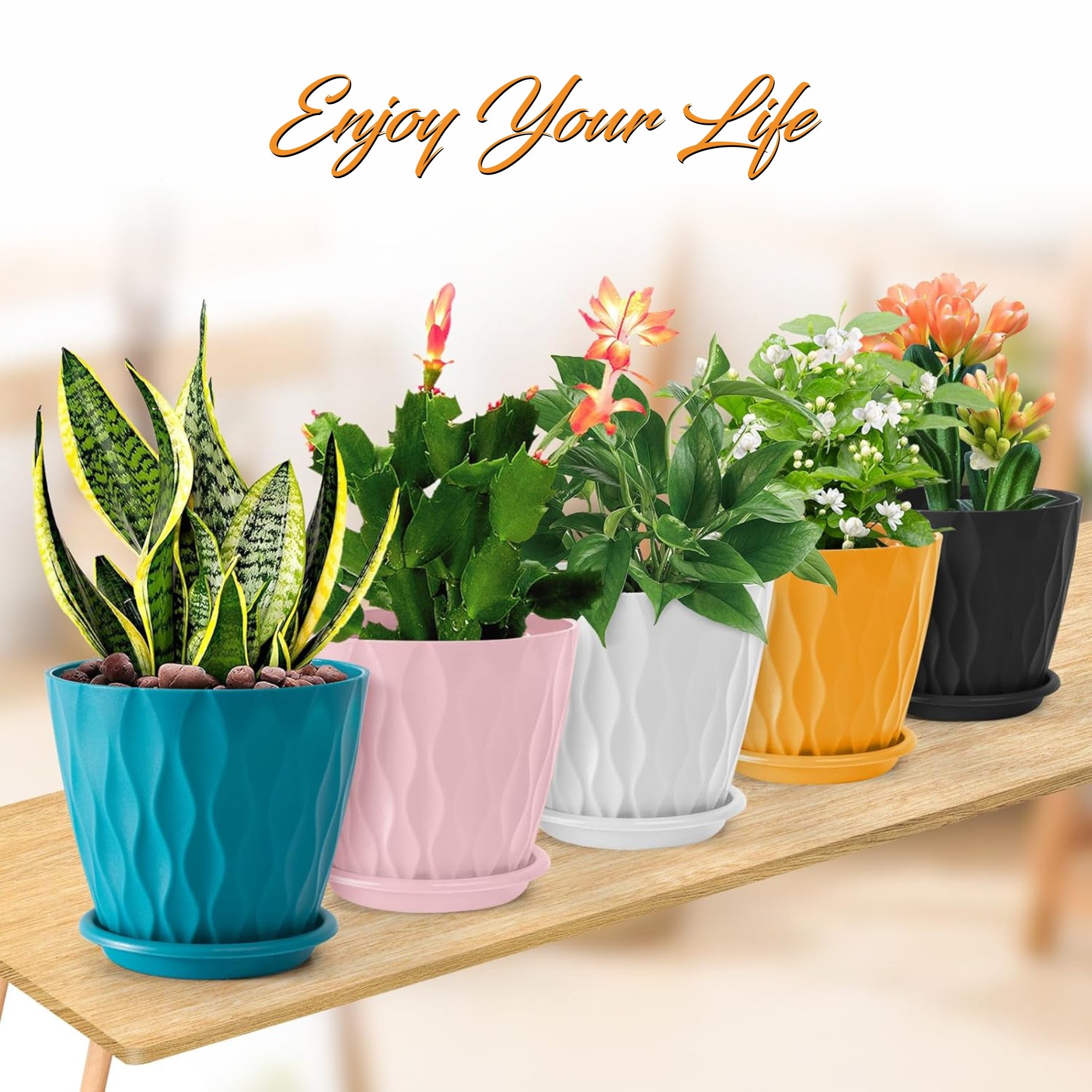 Set of 5 Plastic Round Flower Pots for Home Planters/Terrace, Garden/Suitable for Home Indoor & Outdoor/Gardening Pots for Plants/Plant pots for Balcony (Wave, Baby Pink)