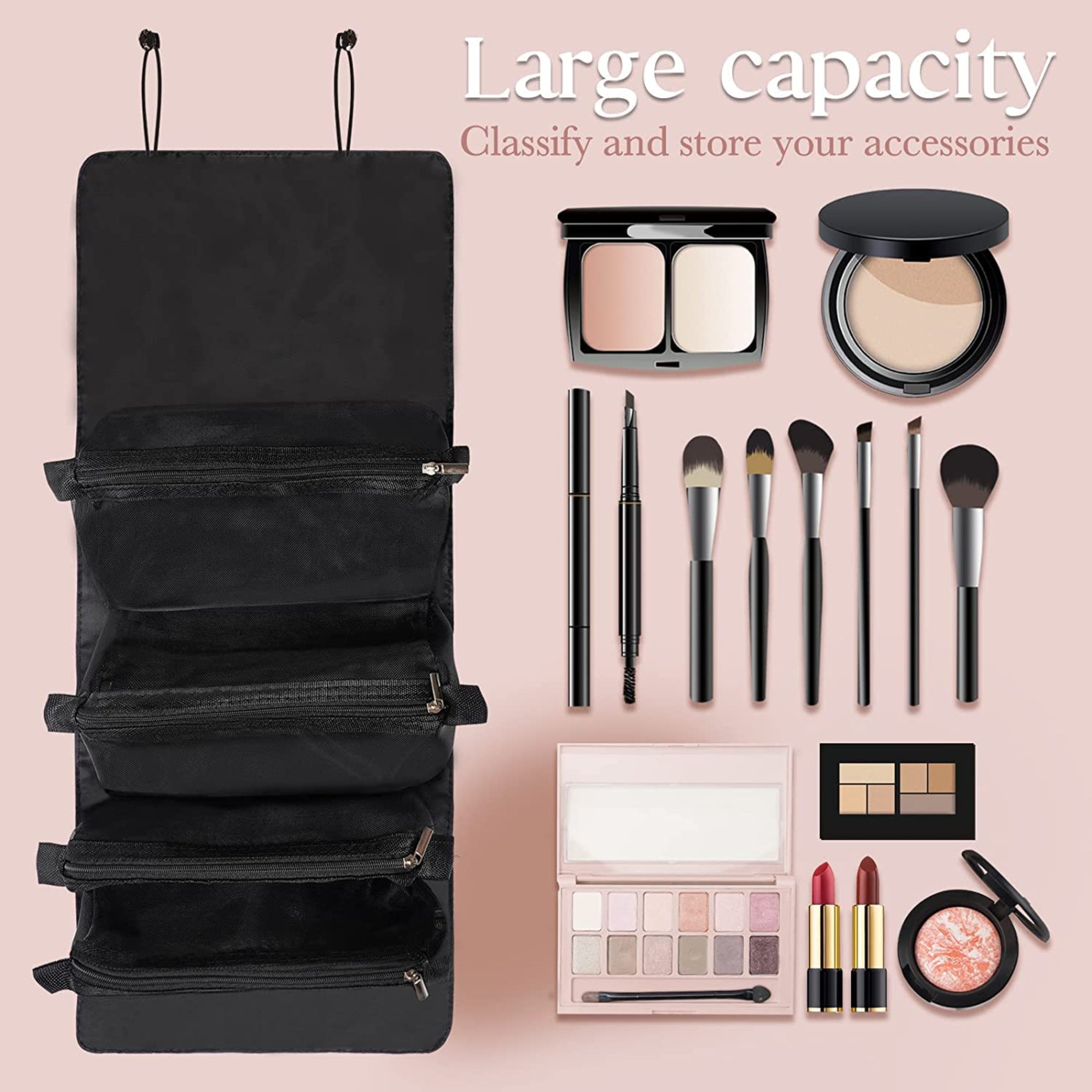 4 in 1 Large Cosmetic Mesh Bag/Toiletry Pouch for Men and Women/Makeup Organizer/Portable Travel Bag/Makeup Essentials(Black)