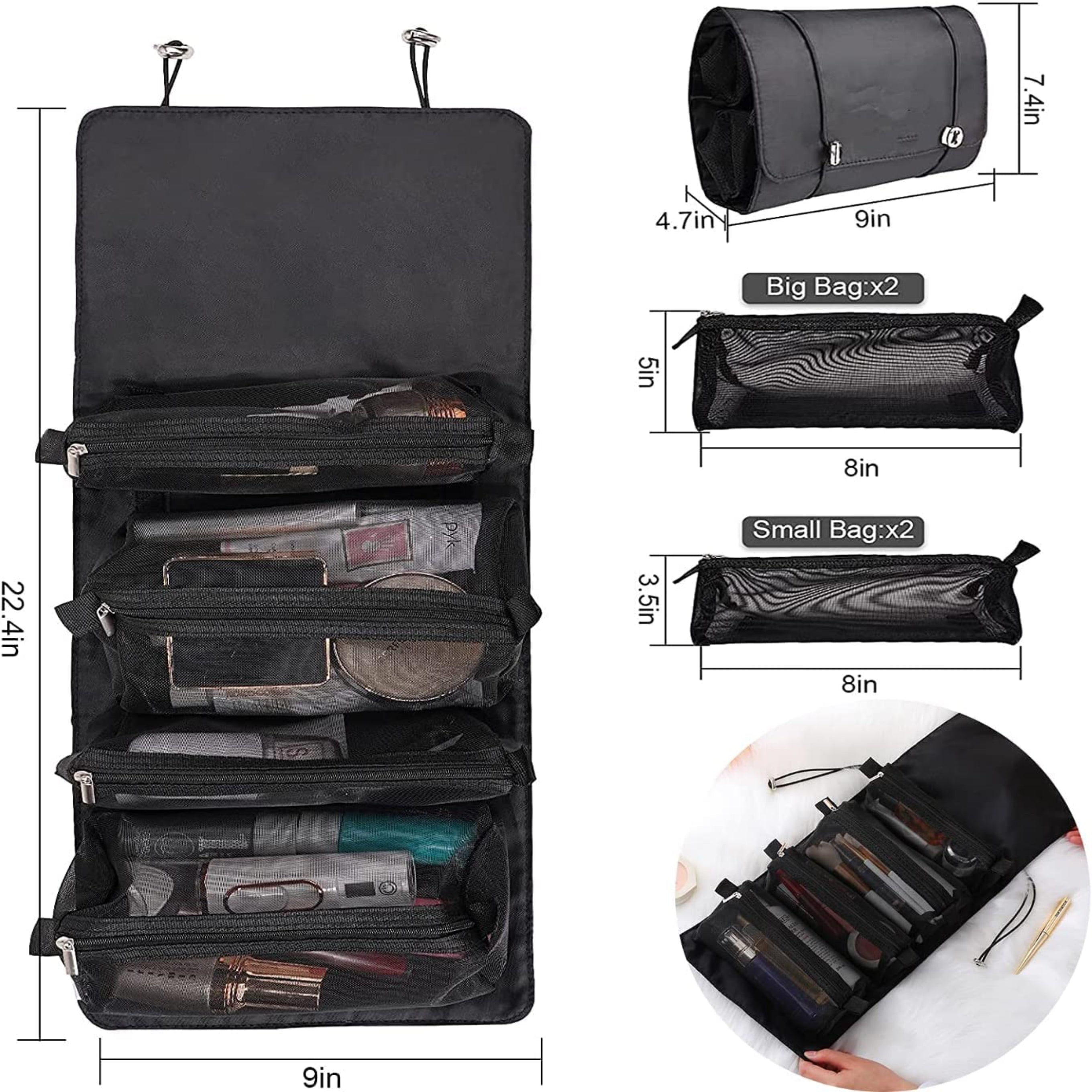 4 in 1 Large Cosmetic Mesh Bag/Toiletry Pouch for Men and Women/Makeup Organizer/Portable Travel Bag/Makeup Essentials(Black)