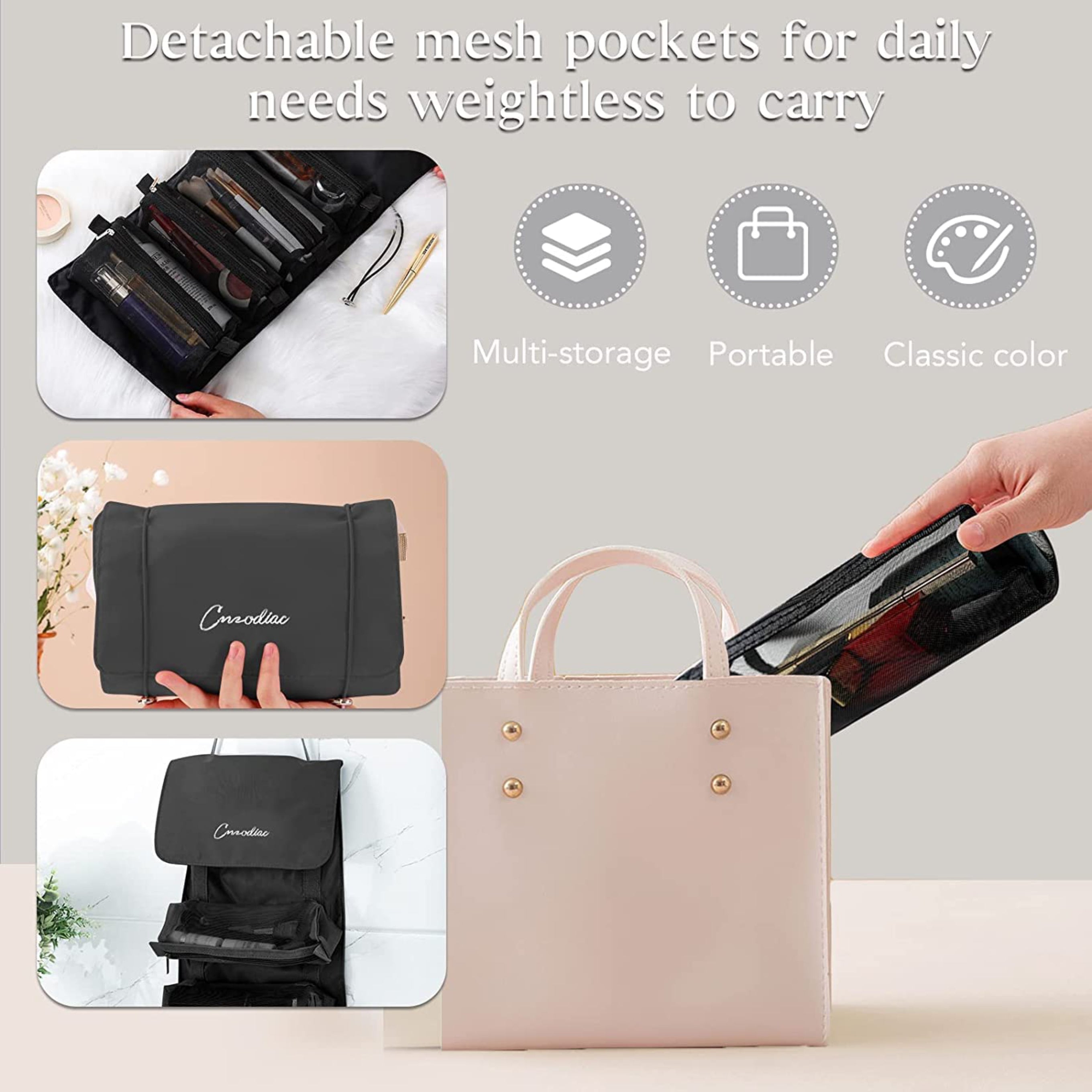 4 in 1 Large Cosmetic Mesh Bag/Toiletry Pouch for Men and Women/Makeup Organizer/Portable Travel Bag/Makeup Essentials(Black)