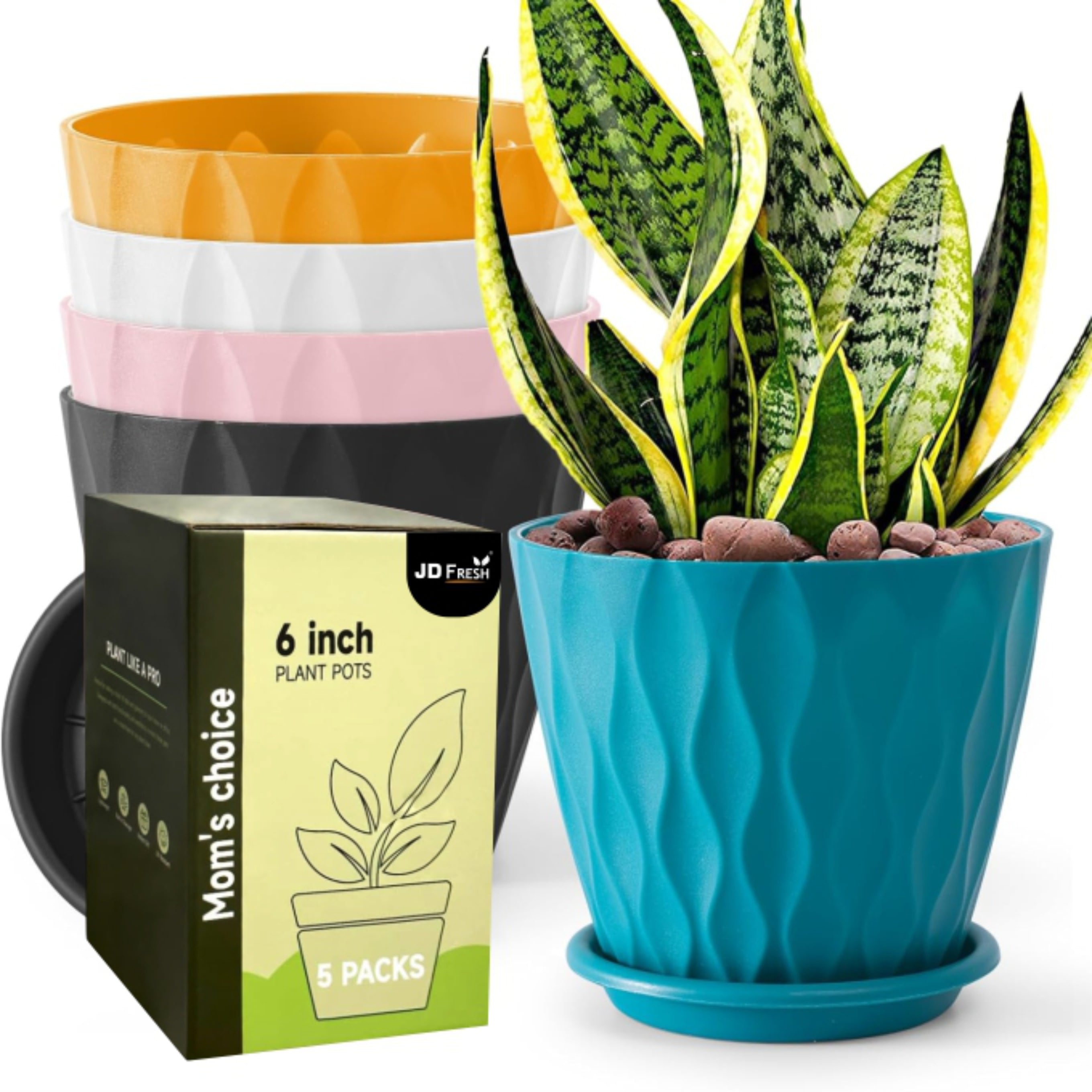 Set of 5 Plastic Round Flower Pots for Home Planters/Terrace, Garden/Suitable for Home Indoor & Outdoor/Gardening Pots for Plants/Plant pots for Balcony (Wave, Baby Pink)