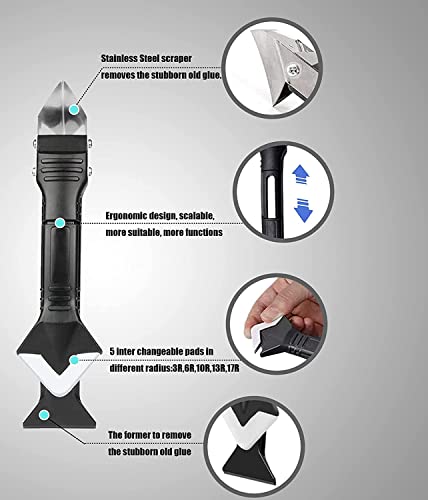JD Fresh 5 in 1 Silicon Caulking Tool Kit (stainless steel head) Silicone Sealant Finishing Tool Grout Scraper, Reuse and Replace 5 Silicone Pads,Great Tools for Kitchen Bathroom Window,Sink Joint