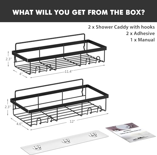 JD FRSEH Shower Caddy Shelf Organizer Rack, Self Adhesive Black Bathroom Shelves, Home Farmhouse Wall Shower Inside Organization and Storage Decor Accessories, House Essentials