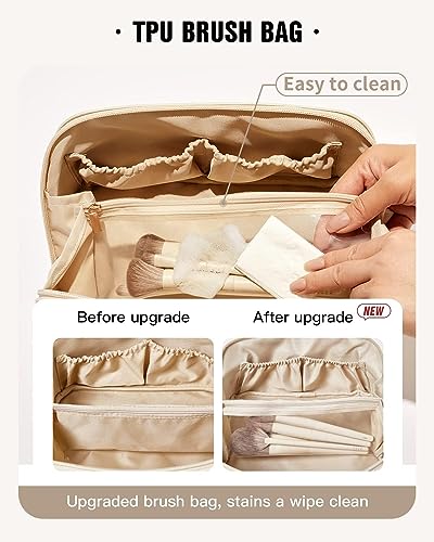 JD FRESH Leather Makeup Organizer Bag/Pouches for Women/Large Cosmetic Pouch with Partition and Carry Strap/Portable Toiletry-Vanity Bags/Multifunctional Makeup Bag for Travel