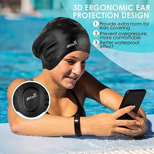 JD Fresh Silicone Waterproof Swimming Cap for Men & Women for Long Hair & Adults with Ear Cover for Protection Chlorine Resistant Head Cap