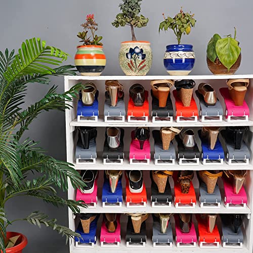 JD Fresh 12 PCS Shoe Organizer Space Saver | shoe rack storage organiser | Shoe Stand Plastic | Double layer Chappal organiser for Shelves | Shoe organiser space saver | Color Grey -12 PCS
