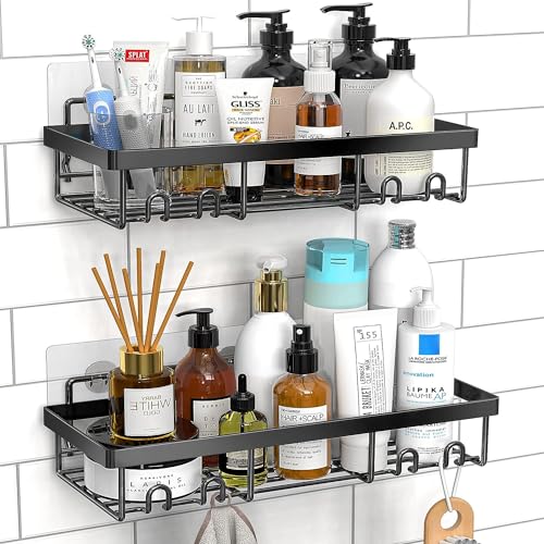 JD FRSEH Shower Caddy Shelf Organizer Rack, Self Adhesive Black Bathroom Shelves, Home Farmhouse Wall Shower Inside Organization and Storage Decor Accessories, House Essentials