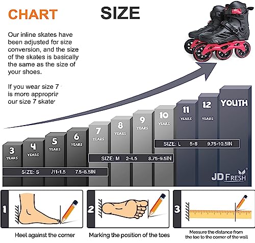 JD Fresh 3 Wheel Inline Skates Skating Shoes for Boys and Girls Age 10 to 14 Years Liner Roller Skates for Kids with Skating Protection Kit Set, Color red, Size Medium