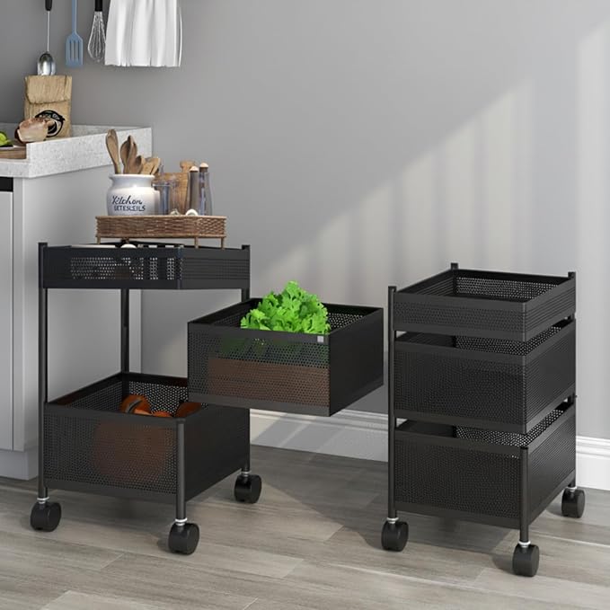 JD FRESH 3-Tier Metal Kitchen Trolley with Wheels/Onion Potato Rack/Vegetable Storage Stand/Spice Rack/Onion Basket for Kitchen (Black)