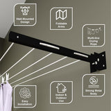 JD FRESH Metal Foldable Wall Mount Cloth Drying Stand with 30 Feet Rope/Wall Hanging Clothes Dryer Rack for Balcony & Indoor Use/Space Saving Wall Mounted Laundry Hanger