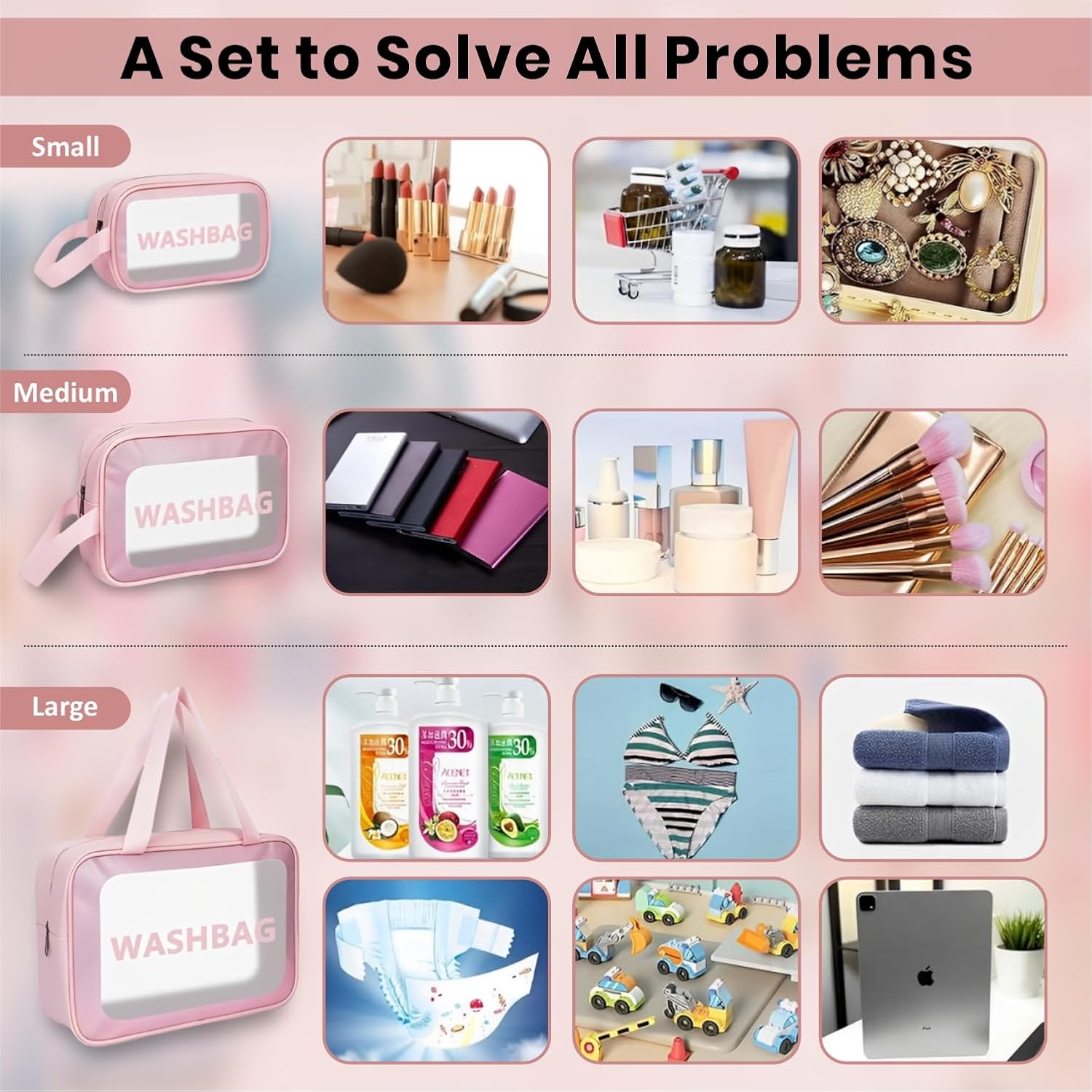 Washbag set with small, medium, and large options displaying various items.