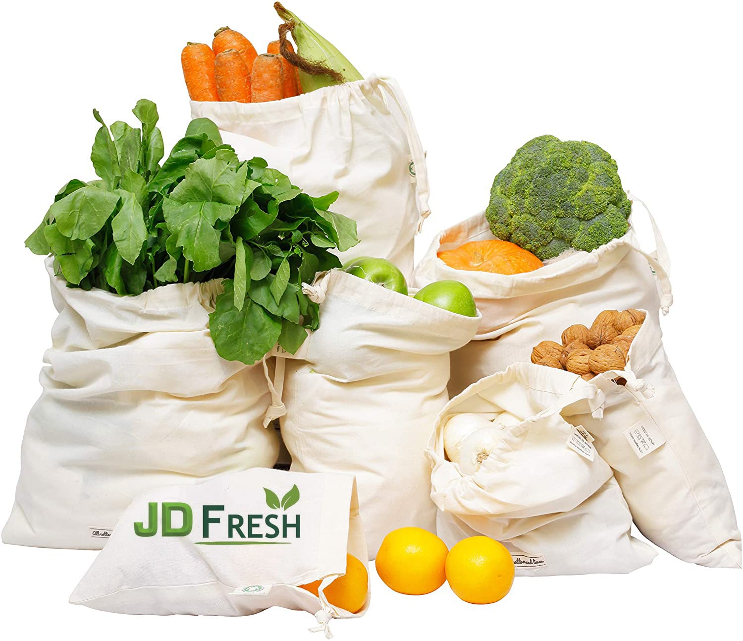 JD Fresh 100% Cotton Reusable Fridge Storage Bags for Vegetables