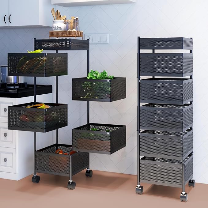 JD FRESH 6-Tier Metal Rotating Kitchen Trolley/Spice Rack/Vegetable & Fruit Storage/Organizer Holder and Onion-Potato Storage Basket for Kitchen