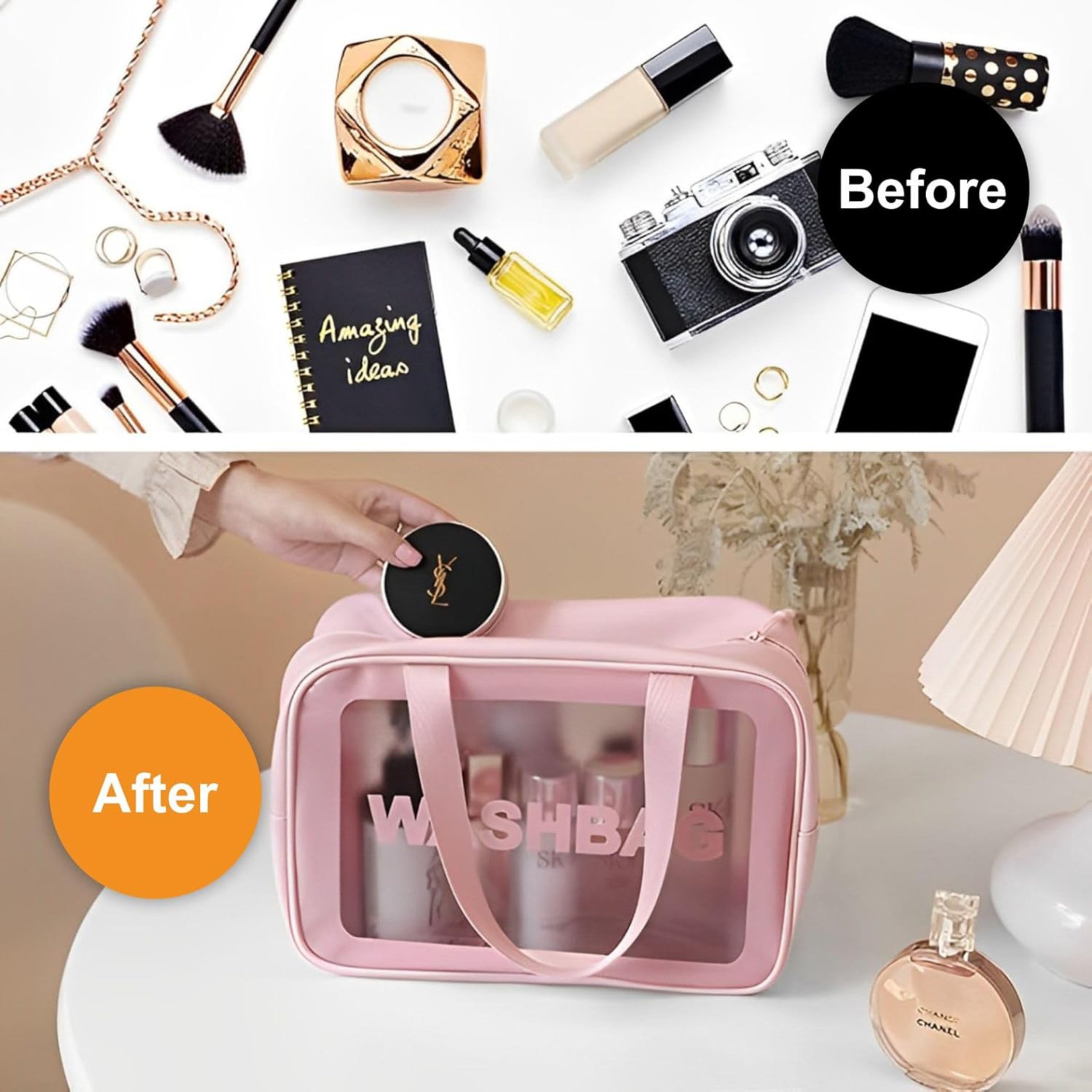 3 Pieces Transparent Makeup Organizer Pouches/Makeup Bag for Women/Cosmetic Pouch/Toiletry Kit Bag for Travel(Pink/Large-Medium-Small)
