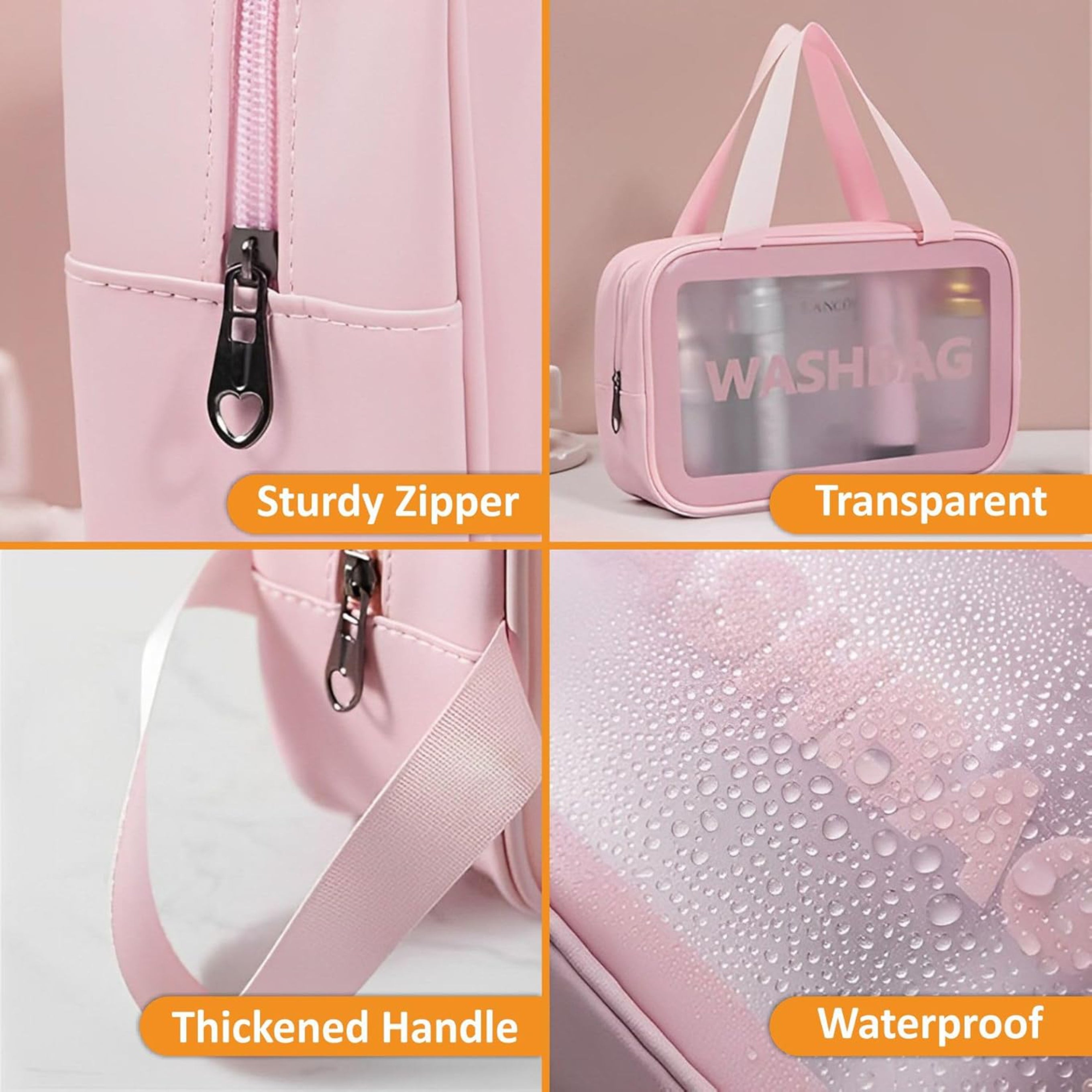 3 Pieces Transparent Makeup Organizer Pouches/Makeup Bag for Women/Cosmetic Pouch/Toiletry Kit Bag for Travel(Pink/Large-Medium-Small)