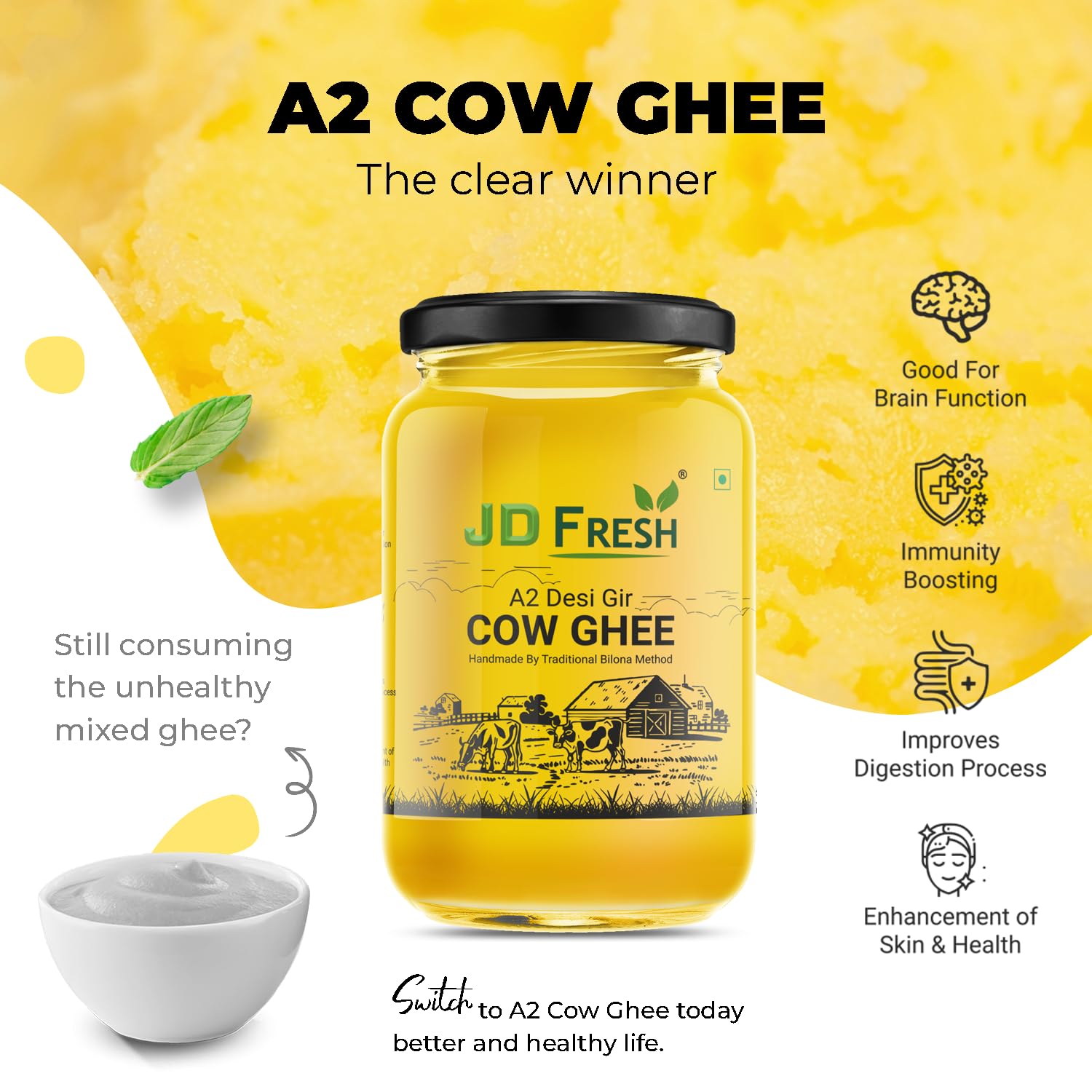 JD FRESH A2 Gir Cow Ghee 500 ml/Pure Cow Ghee/Traditional Bilona Method/Pure and Healthy Immunity Booster, Natural, Fresh Desi Cow Ghee