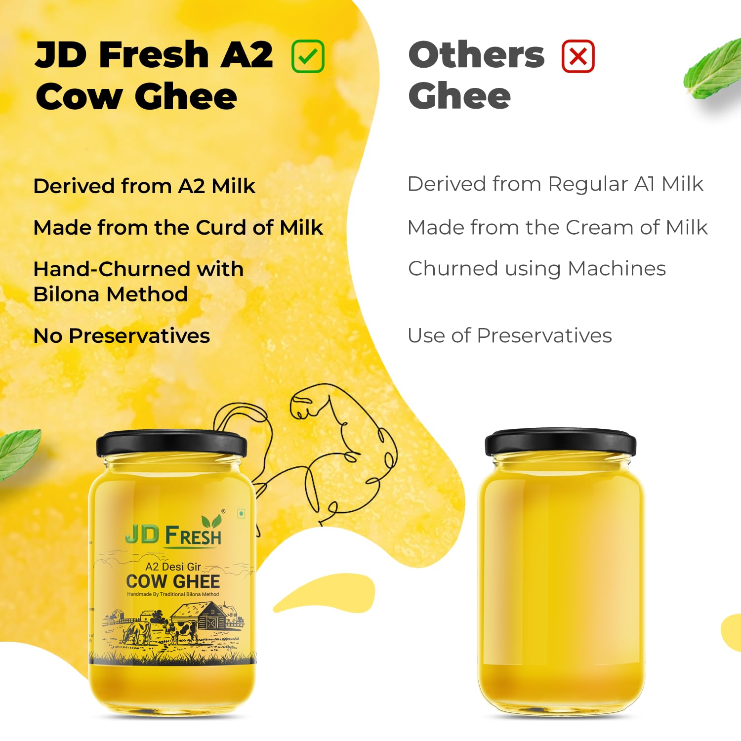 JD FRESH A2 Gir Cow Ghee 500 ml/Pure Cow Ghee/Traditional Bilona Method/Pure and Healthy Immunity Booster, Natural, Fresh Desi Cow Ghee